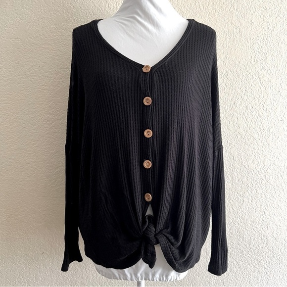 Black Long sleeve waffle knot button, bow tie knot oversized Size Small top - Picture 1 of 13